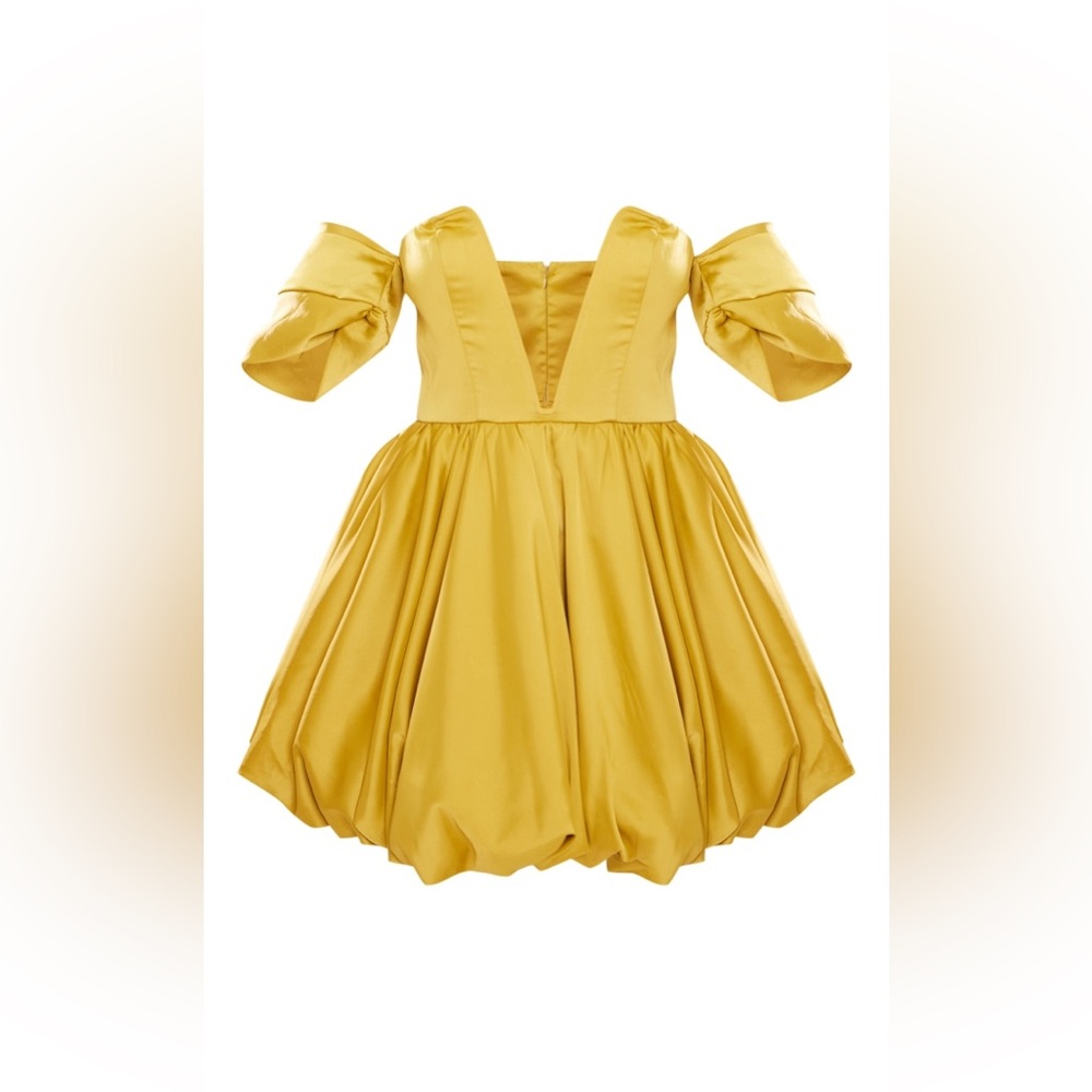 Chartreuse Satin V Bar Plunge Bardot Puff Ball Dress